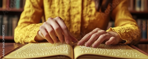 Person reading braille book at wooden table