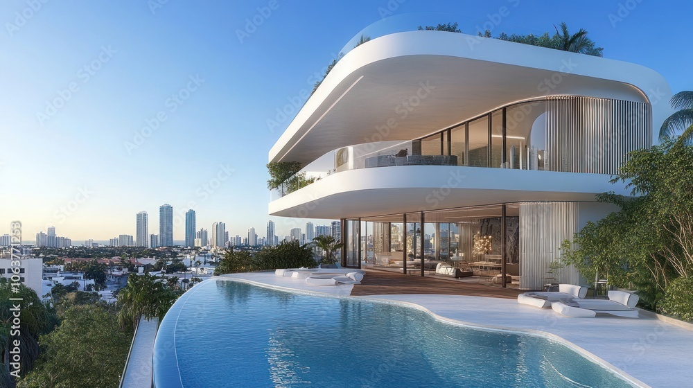Modern luxury villa with infinity pool and city skyline view. Modern luxury villa with infinity pool and city skyline view.
