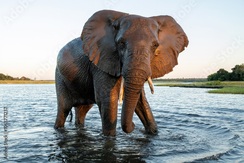 Close encounter with Elephants crossing the Chobe river between Namibia and Botswana in the late afternoon seen from a boat. photo