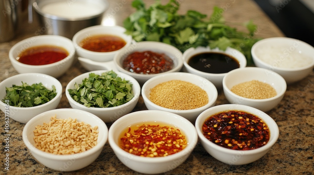 Variety of Ingredients in Small Bowls on Countertop Variety of Ingredients in Small Bowls on Countertop