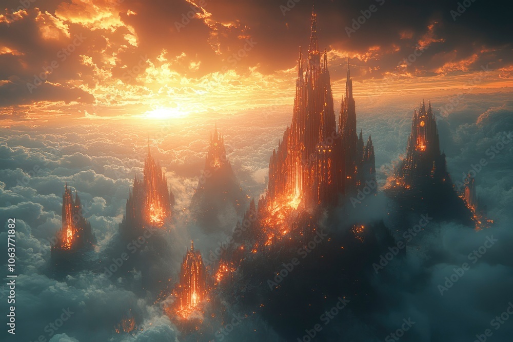 A Burning City Atop a Mountain in the Clouds at Sunset A Burning City Atop a Mountain in the Clouds at Sunset