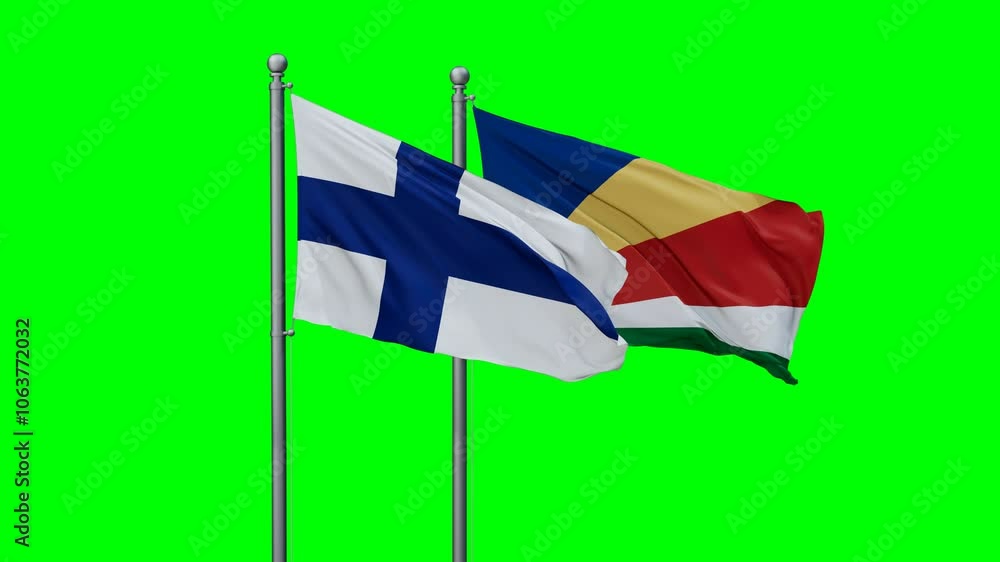 Seychelles and Finland flags flying together, video concept of the relationship with colored chroma key for easy background remove Seychelles and Finland flags flying together, video concept of the relationship with colored chroma key for easy background remove