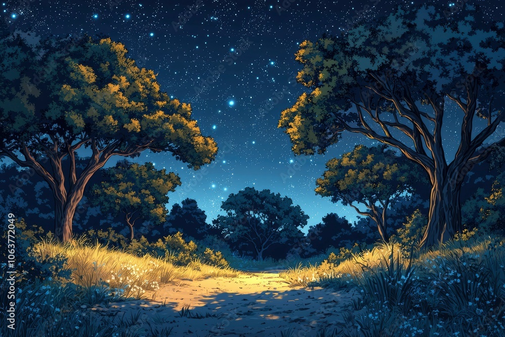 A Starry Night Path Through a Silhouetted Forest A Starry Night Path Through a Silhouetted Forest