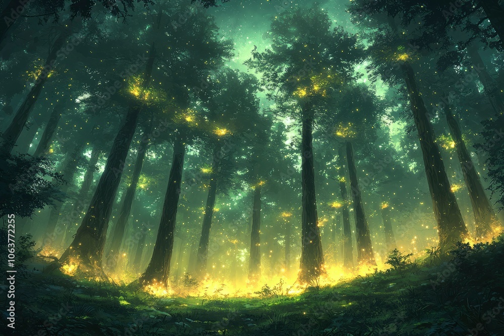 Obraz premium Mystical Forest with Glowing Lights and Tall Trees