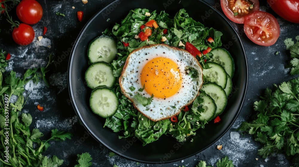 Healthy Salad with Egg on Dark Background Healthy Salad with Egg on Dark Background