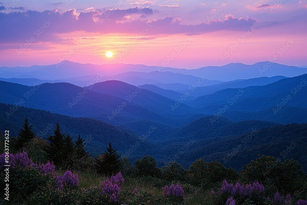 Mountainous Landscape at Sunset with a Purple Sky and Wildflowers Mountainous Landscape at Sunset with a Purple Sky and Wildflowers