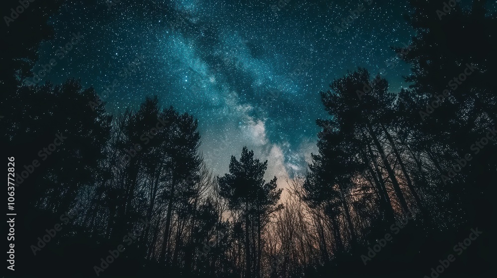 Naklejka premium Glowing Starry Sky Over Minimalist Forest Landscape