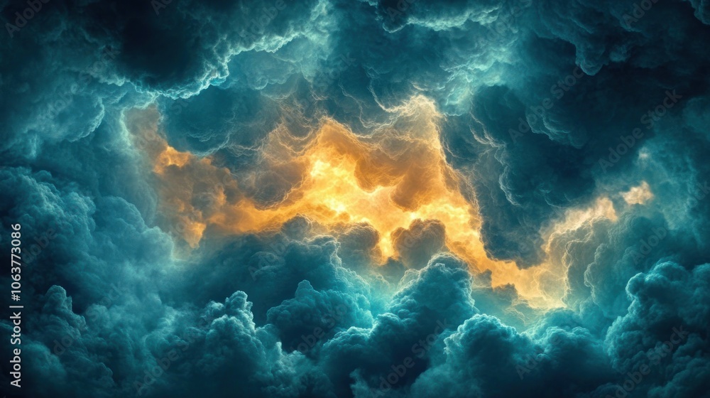 Fototapeta premium A dramatic sky with dark clouds and a bright, golden light breaking through.