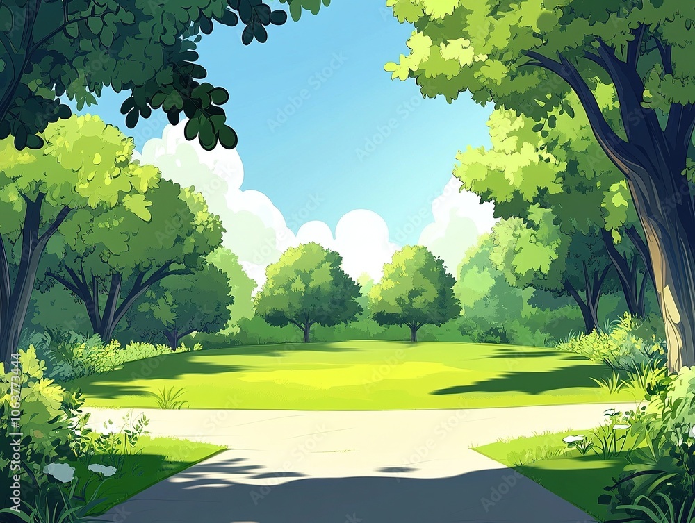 Sunlit park pathway with lush green trees. Sunlit park pathway with lush green trees.