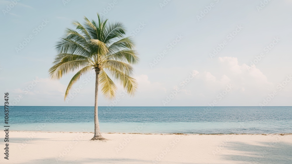 Obraz premium Vivid Palm Tree on Serene Beach Landscape