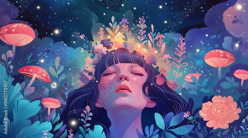 Wallpaper Mural Ethereal Girl in Magical Mushroom Garden Under Starry Night Sky Torontodigital.ca