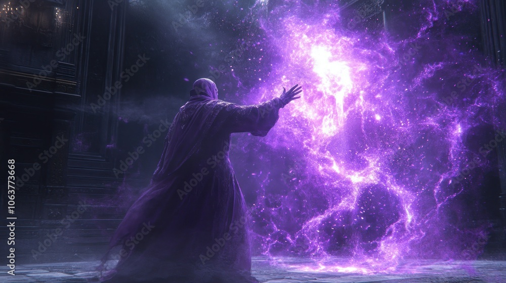 A hooded figure casts a spell, summoning a glowing purple energy orb. A hooded figure casts a spell, summoning a glowing purple energy orb.