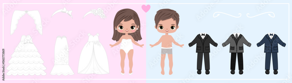Paper doll clothes.Wedding.Cute girl with clothes set, collection. Fashion girl, boy . Dress up stickers. Vector illustration. Baby doll, children, kids play, toy, game, activity. Cutouts, cut out. Paper doll clothes.Wedding.Cute girl with clothes set, collection. Fashion girl, boy . Dress up stickers. Vector illustration. Baby doll, children, kids play, toy, game, activity. Cutouts, cut out.