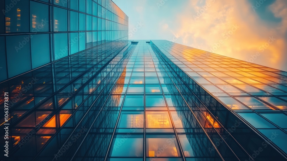 A low angle view of a towering skyscraper with a bright, colorful sunset sky in the background. A low angle view of a towering skyscraper with a bright, colorful sunset sky in the background.