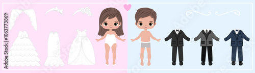 Paper doll clothes.Wedding.Cute girl with clothes set, collection. Fashion girl, boy . Dress up stickers. Vector illustration. Baby doll, children, kids play, toy, game, activity. Cutouts, cut out. 