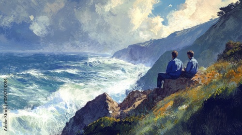 Hikers rest on coastal cliffs, watching waves crash dramatically below.