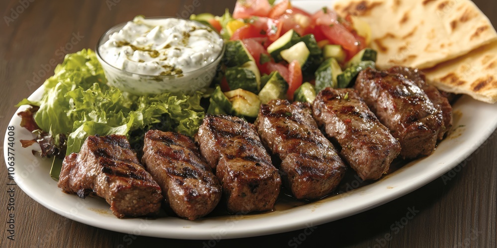 Indulge in a delightful Greek lamb souvlaki plate that comes with soft, warm pita bread, a rich and creamy tzatziki sauce, and a refreshing Greek salad, all creating a wonderful dining experience Indulge in a delightful Greek lamb souvlaki plate that comes with soft, warm pita bread, a rich and creamy tzatziki sauce, and a refreshing Greek salad, all creating a wonderful dining experience