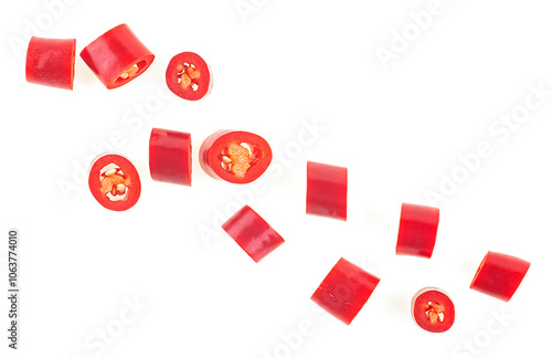 Top view of red chili slices or pieces isolated on a white background. Red chopped chili pepper. photo