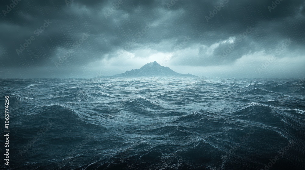 A lone island in the distance, shrouded in dark storm clouds and rain, with choppy waves in the foreground. A lone island in the distance, shrouded in dark storm clouds and rain, with choppy waves in the foreground.