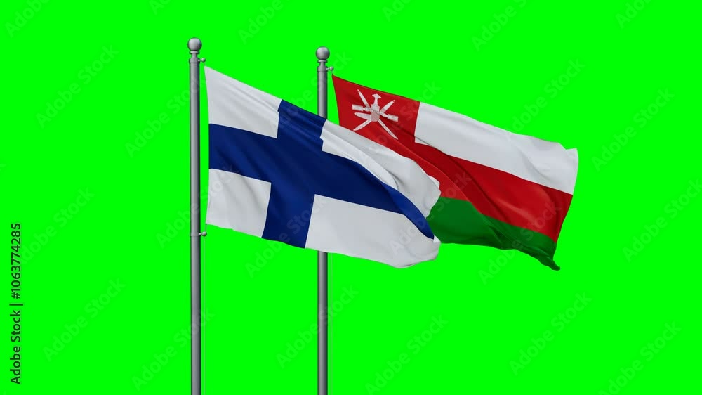 Oman and Finland flags flying together, video concept of the relationship with colored chroma key for easy background remove, two country cooperation concept Oman and Finland flags flying together, video concept of the relationship with colored chroma key for easy background remove, two country cooperation concept