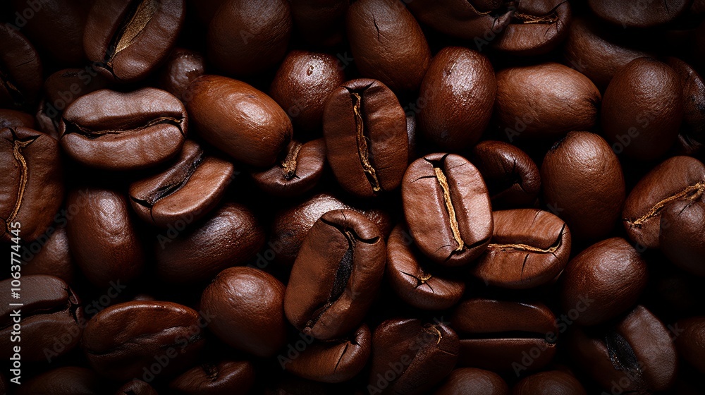 Naklejka premium Dark Coffee Beans Close-Up for Background Texture and Design Element in Natural Lighting
