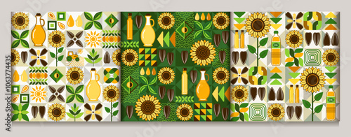 Sunflower oil seamless patterns with icons, abstract geometric shapes. Flowers, black striped seeds, oil bottles on mosaic background. Simple flat style for branding, food packaging, prints