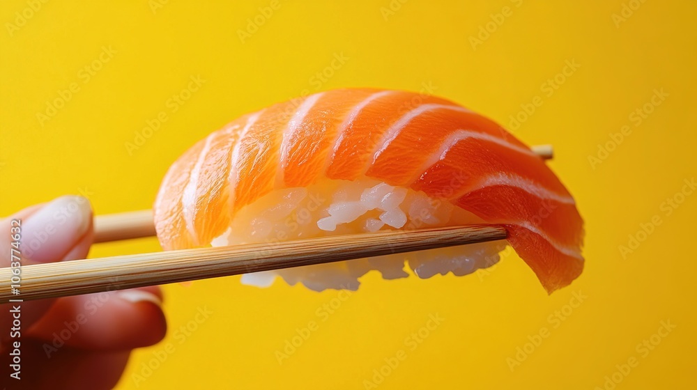 Salmon Nigiri Sushi on Yellow Background Salmon Nigiri Sushi on Yellow Background