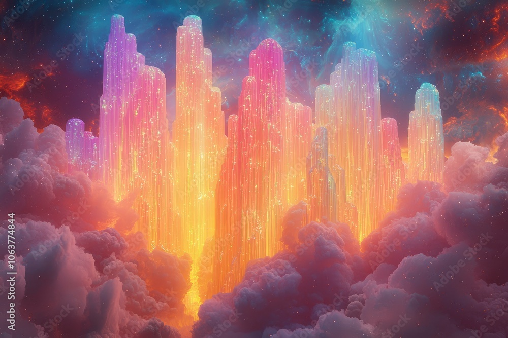 A City of Light Rising Above the Clouds in a Starry Sky A City of Light Rising Above the Clouds in a Starry Sky