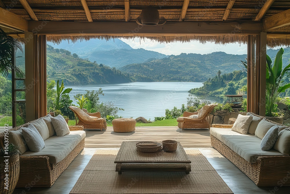 Fototapeta premium serene ecolodge interior opens to a breathtaking lake view with natural wooden furnishings and calming colors creating a relaxing ambiance that harmonizes with the surrounding beauty of nature