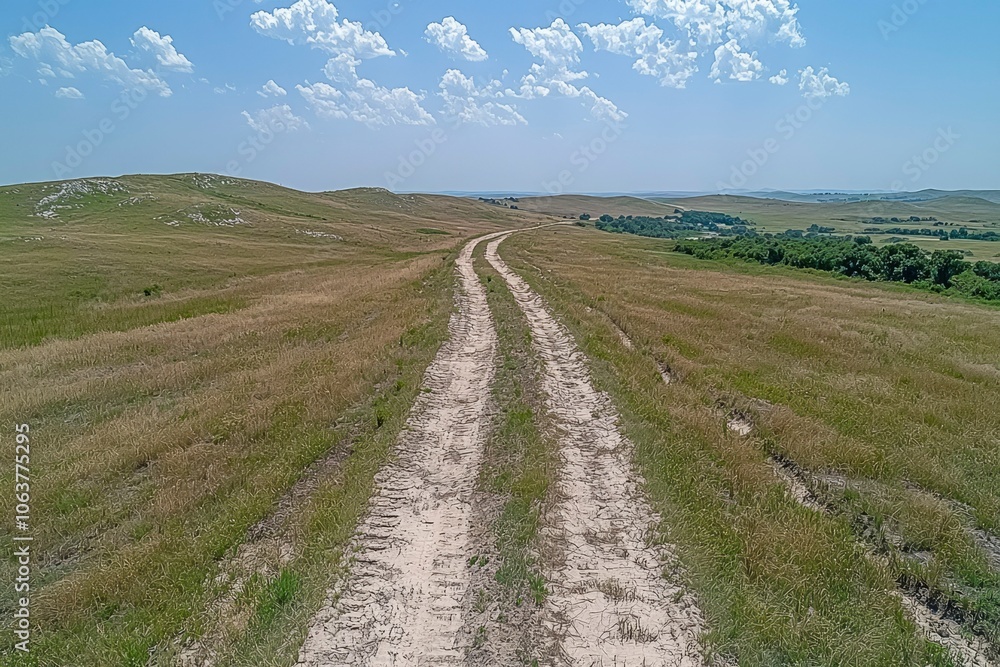 A winding dirt road through a grassy field under a blue sky with white clouds. A winding dirt road through a grassy field under a blue sky with white clouds.
