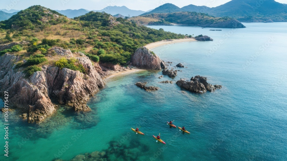 Fototapeta premium Kayakers paddle near secluded islands, discovering hidden beaches and rocky shores.