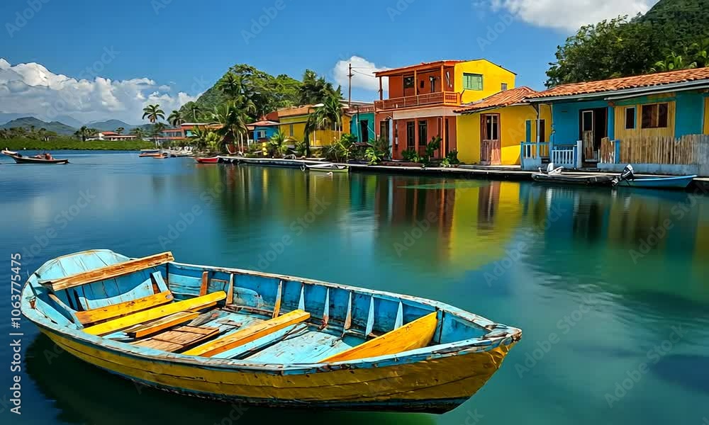 Vibrant waterfront scene with a colorful boat and houses. Vibrant waterfront scene with a colorful boat and houses.