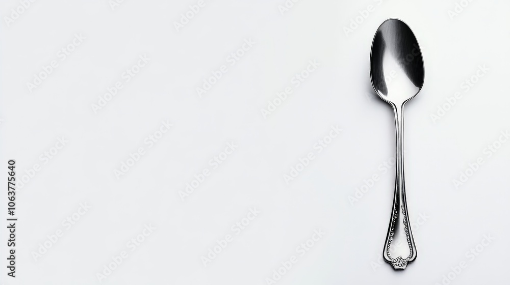 Silverware Simplicity: A single, sleek, silver spoon rests against a minimalist backdrop, its polished surface reflecting the light in a clean and elegant composition. Silverware Simplicity: A single, sleek, silver spoon rests against a minimalist backdrop, its polished surface reflecting the light in a clean and elegant composition.