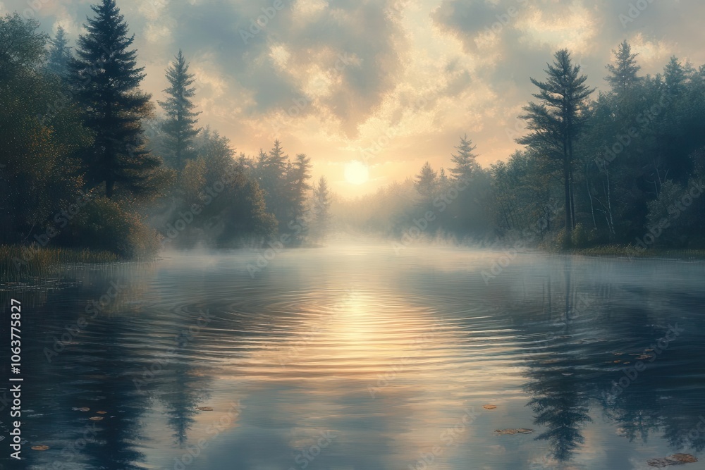 Fototapeta premium serene lake scene enveloped in a gentle fog with soft ripples on the waters surface creating a peaceful atmosphere that invites reflection and tranquility amidst natures beauty