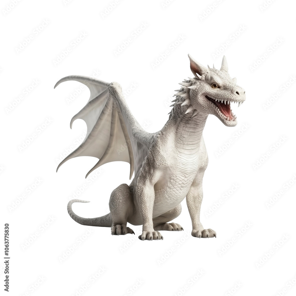 Majestic White Dragon with Open Mouth and Spreads Wings Majestic White Dragon with Open Mouth and Spreads Wings