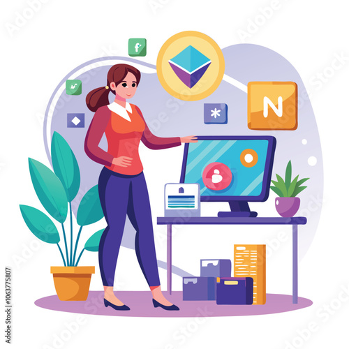 Woman in Modern Office with Digital Icons