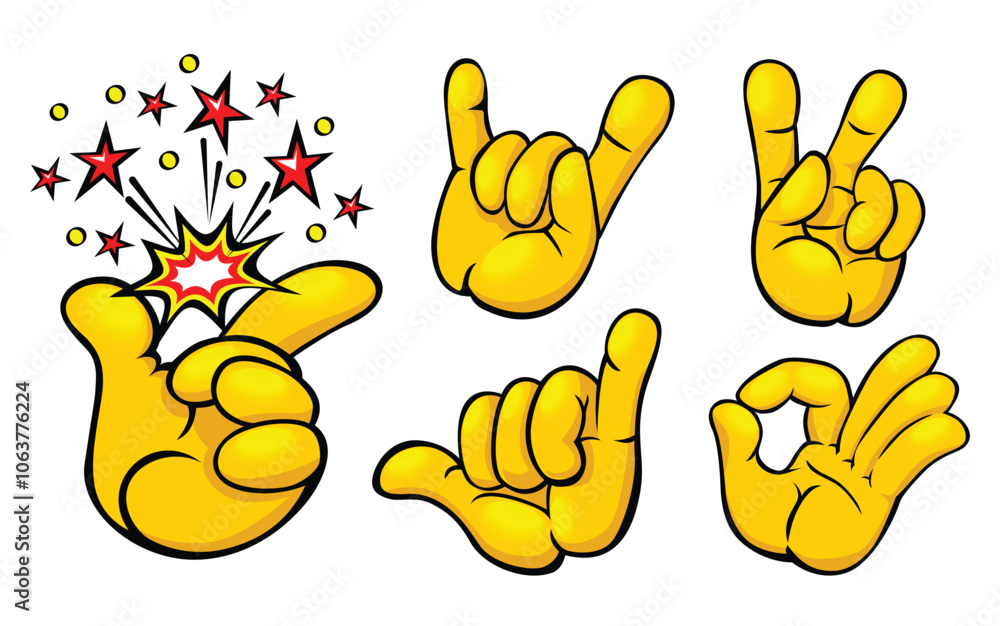 Fototapeta premium Positive signs set with fingers. Hard rock horns, peace or victory, easy, shaka, okay gestures. Vector cartoon templates on transparent background