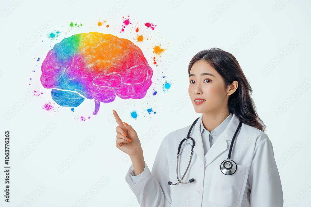 An Asian female doctor is pointing to the colorful brain drawing on a white background An Asian female doctor is pointing to the colorful brain drawing on a white background
