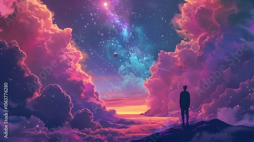 Cosmic Landscape with Silhouetted Figure Gazing at Ethereal Sunset Skies