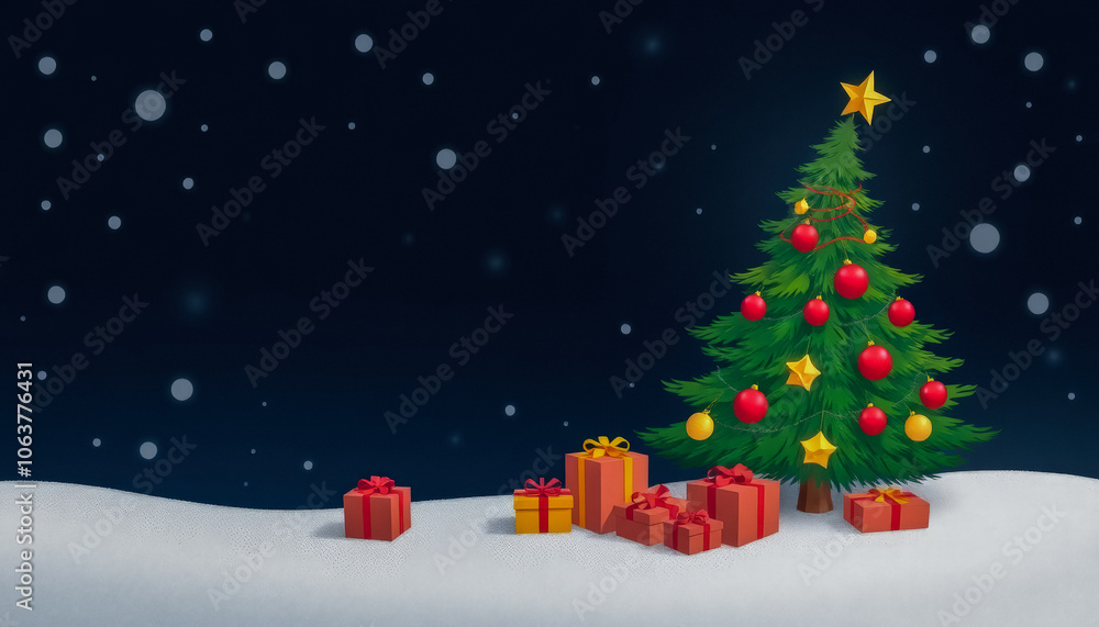 Obraz premium Christmas tree with gifts and falling snowflakes against dark blue background