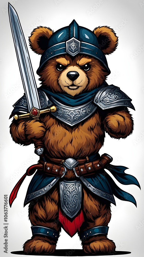 Fototapeta premium An evil warrior with a sword, carries a teddy bear on his shield illustration