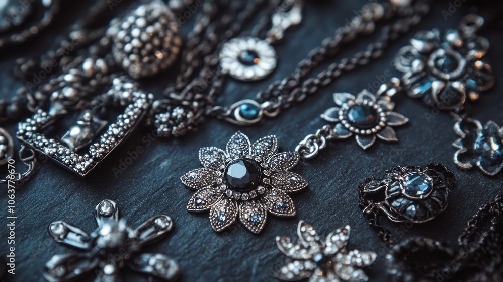 Obraz premium A close-up shot of various silver and black jewelry pieces with rhinestones laid out on a dark surface.