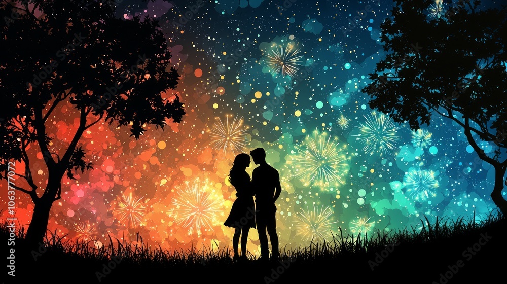Two people share tender embrace witnessing spectacular fireworks display fills night sky brilliant colors creating magical and romantic atmosphere. Two people share tender embrace witnessing spectacular fireworks display fills night sky brilliant colors creating magical and romantic atmosphere.