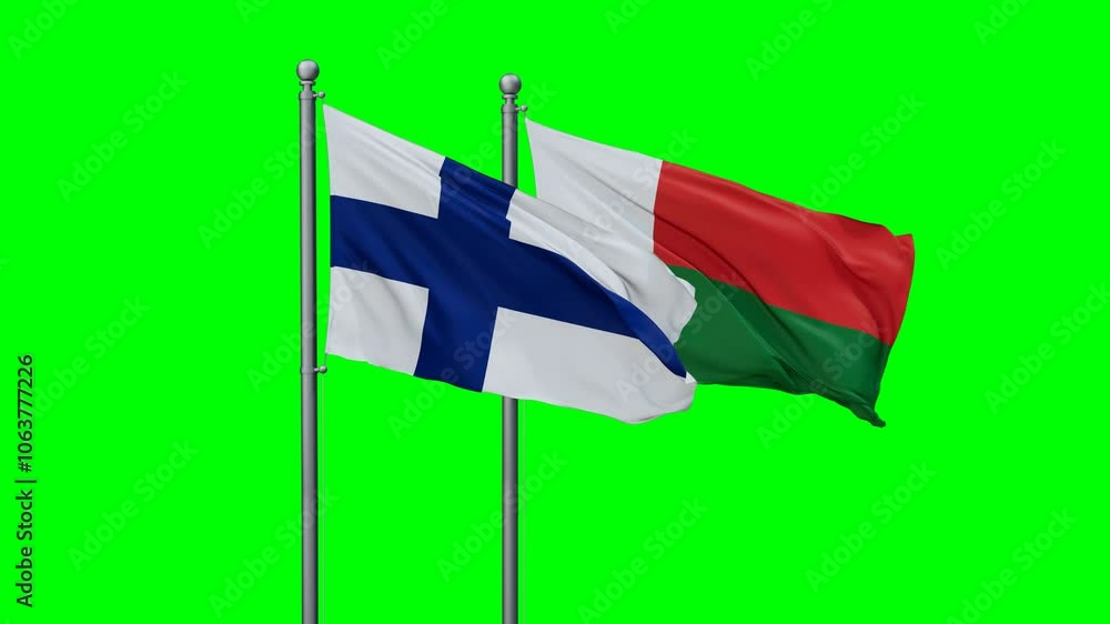 Madagascar and Finland flags flying together, video concept of the relationship with colored chroma key for easy background remove Madagascar and Finland flags flying together, video concept of the relationship with colored chroma key for easy background remove