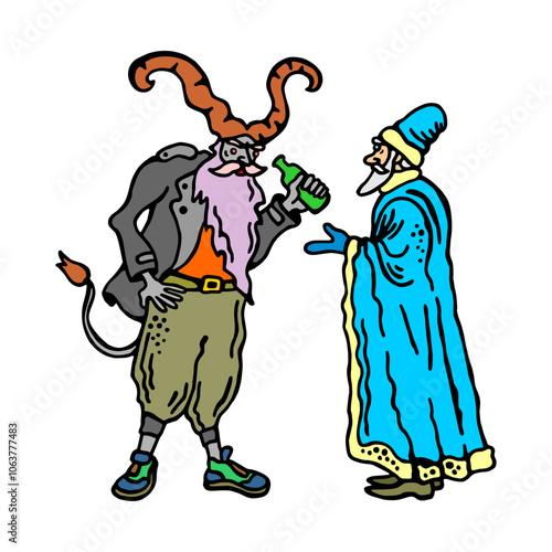 An imaginative illustration showing Krampus drinking beer while Saint Nicholas scolds him, highlighting a humorous twist on traditional folklore.