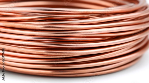 Closeup of copper wire coiled on a white background.