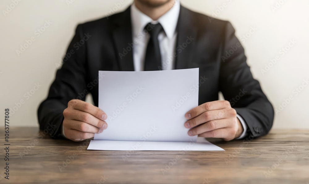 Businessman holding a blank paper, seated at a wooden table, in a suited outfit, with a minimalistic background. Businessman holding a blank paper, seated at a wooden table, in a suited outfit, with a minimalistic background.
