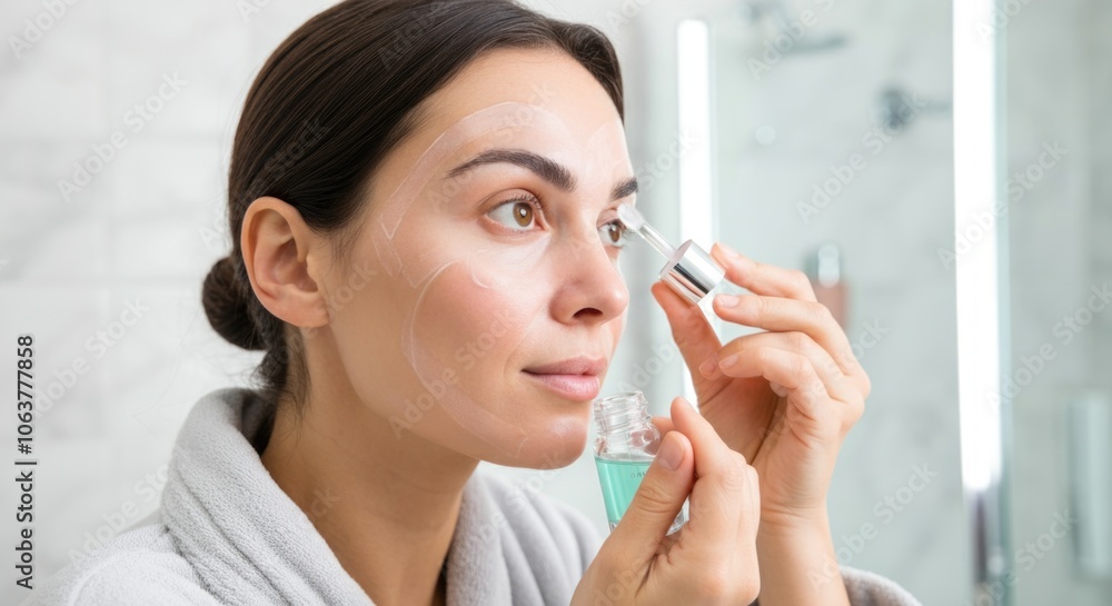 Woman Applying Anti-Aging Serum in Bathroom Woman Applying Anti-Aging Serum in Bathroom