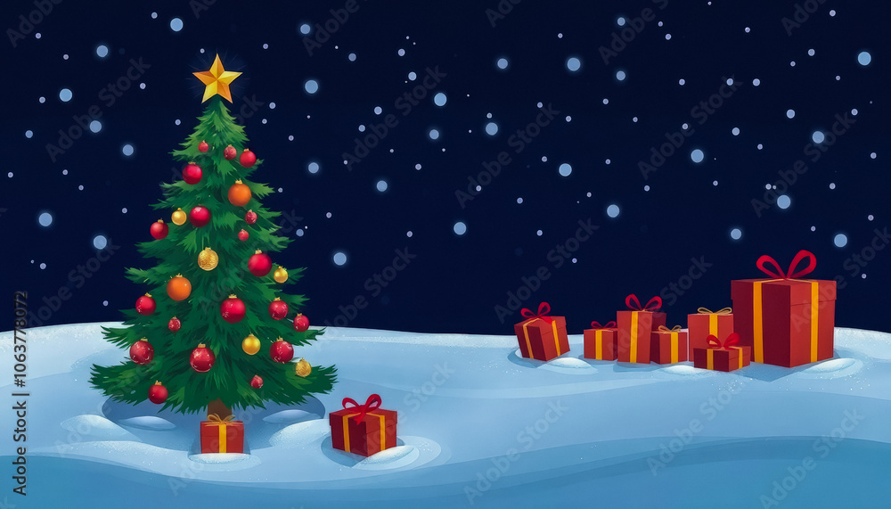 Obraz premium Christmas tree with gifts and falling snowflakes against dark blue background