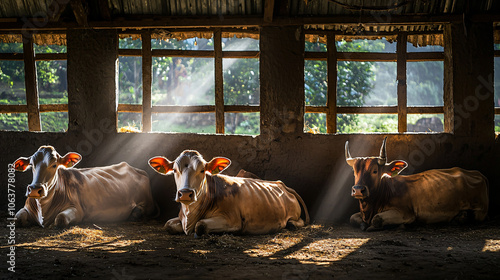 sacred cows resting in traditional Goshala shelter, warm sunlight filtering through windows photo